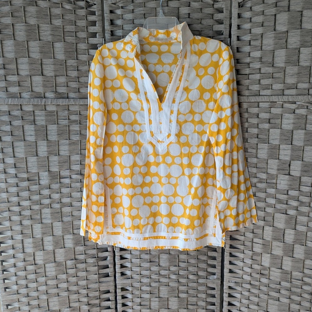 Tunic Top Long Sleeve Sunshine Yellow Polka Dot Split Neck Sz M Boho Resortwear